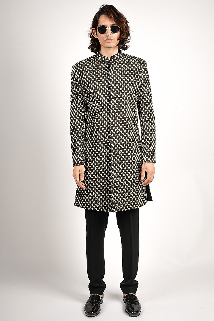 Black Silk Embellished Groom Sherwani Set by SVA BY SONAM & PARAS MODI Men at Pernia's Pop Up Shop