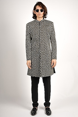 Black Silk Embellished Sherwani Set by SVA BY SONAM & PARAS MODI Men