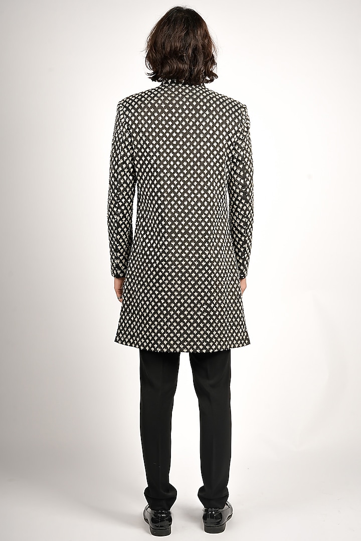 Black Silk Embellished Groom Sherwani Set by SVA BY SONAM & PARAS MODI Men at Pernia's Pop Up Shop