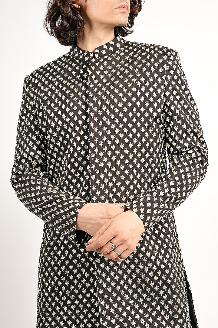 Black Silk Embellished Groom Sherwani Set by SVA BY SONAM & PARAS MODI Men at Pernia's Pop Up Shop