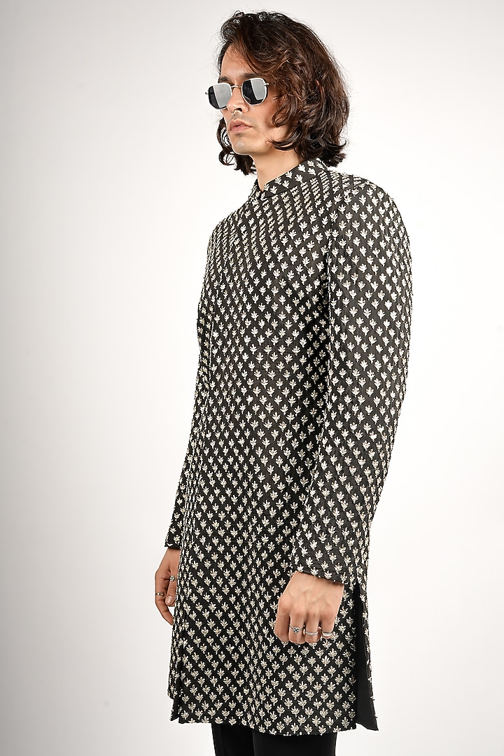 Black Silk Embellished Groom Sherwani Set by SVA BY SONAM & PARAS MODI Men at Pernia's Pop Up Shop
