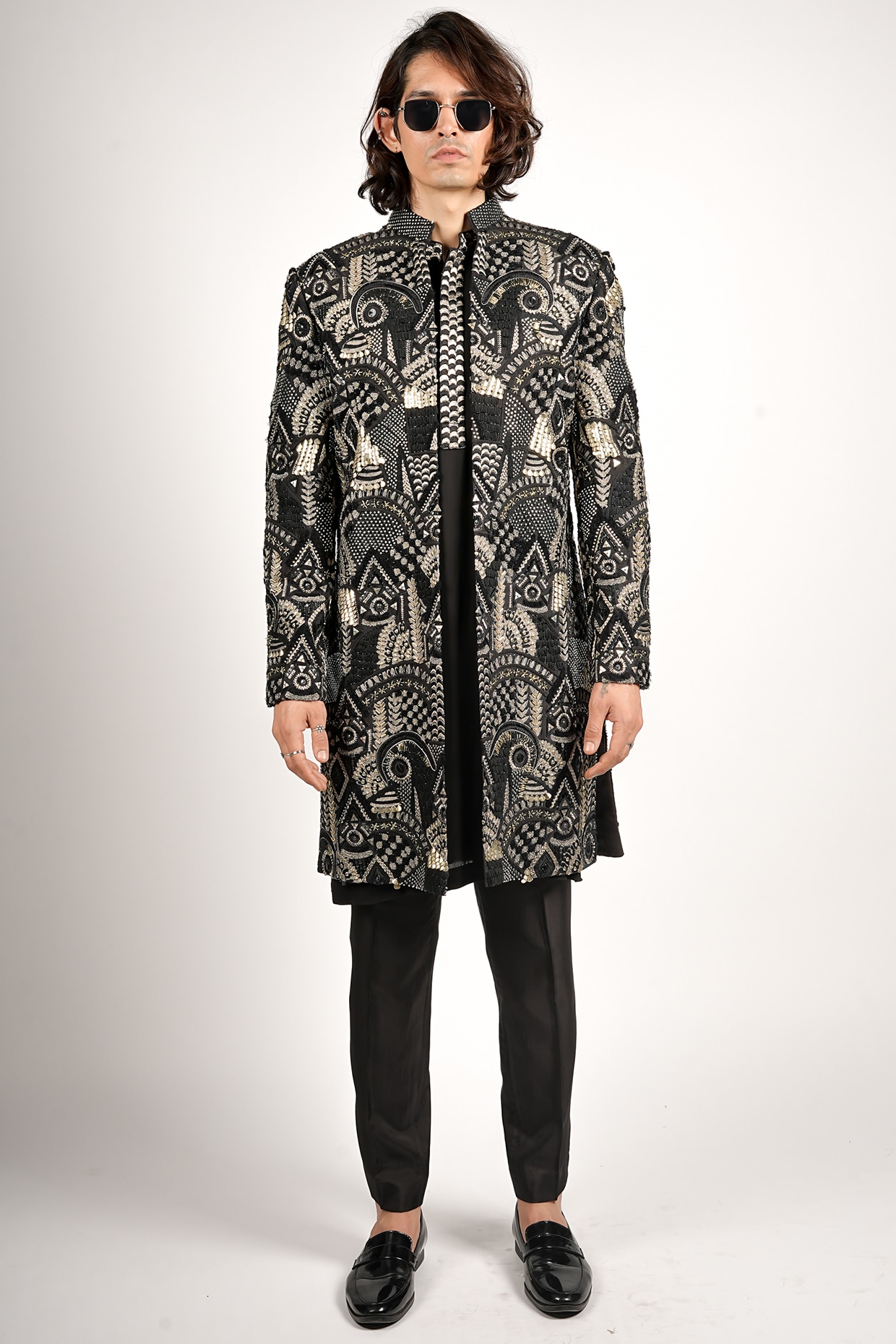 SVA BY SONAM & PARAS MODI Black Silk Embroidered Sherwani Set