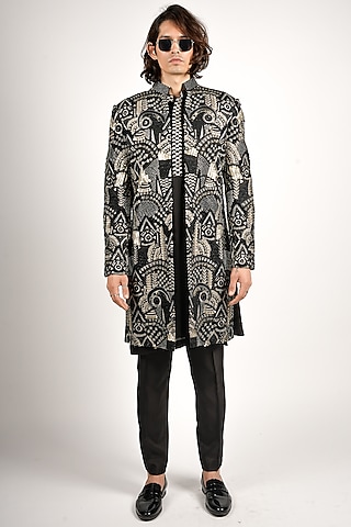 Black Silk Embroidered Sherwani Set by SVA BY SONAM & PARAS MODI Men