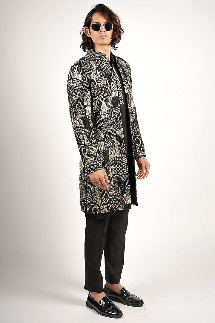 Black Silk Embroidered Groom Sherwani Set by SVA BY SONAM & PARAS MODI Men at Pernia's Pop Up Shop