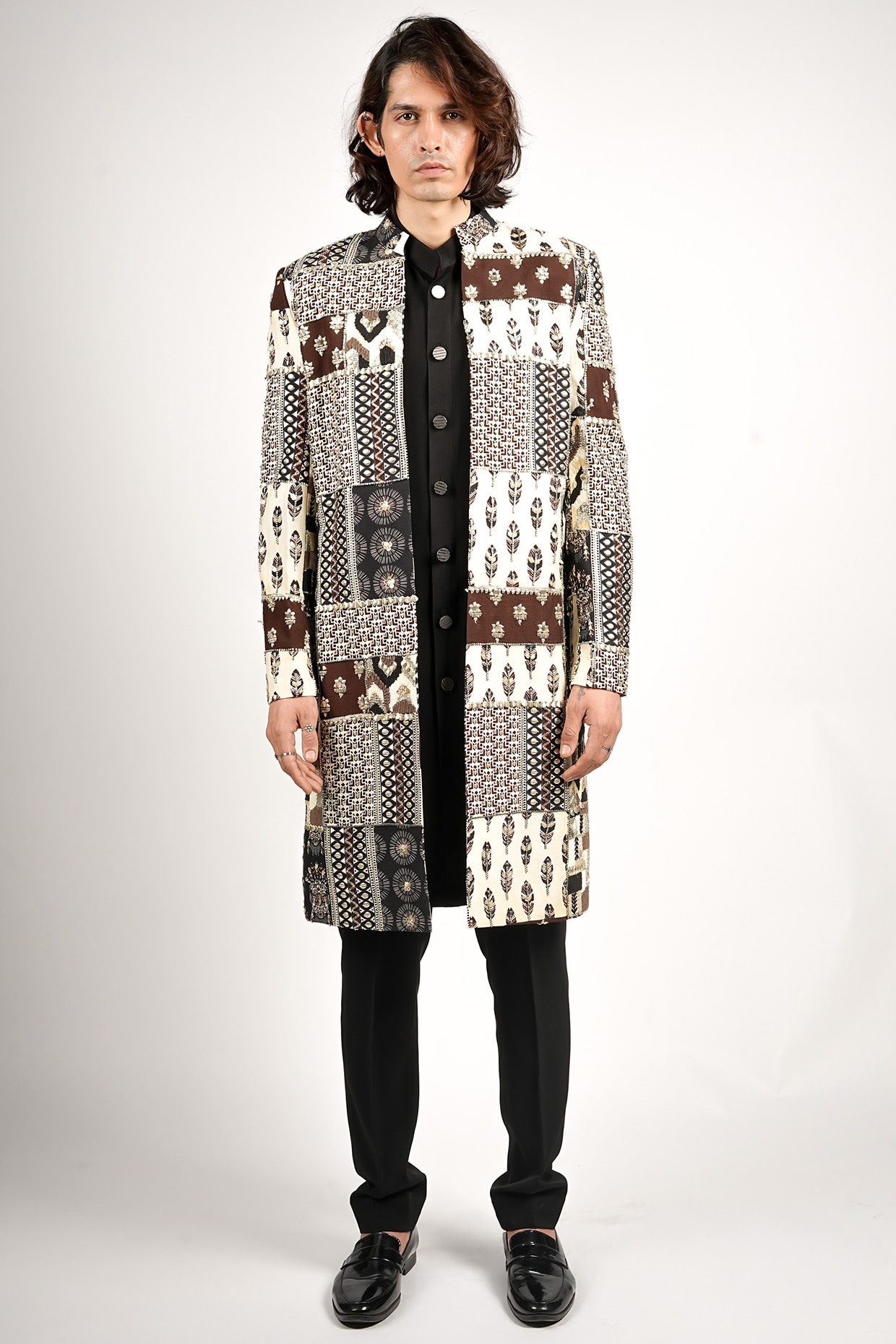SVA BY SONAM & PARAS MODI Black Silk Patchwork Sherwani Set