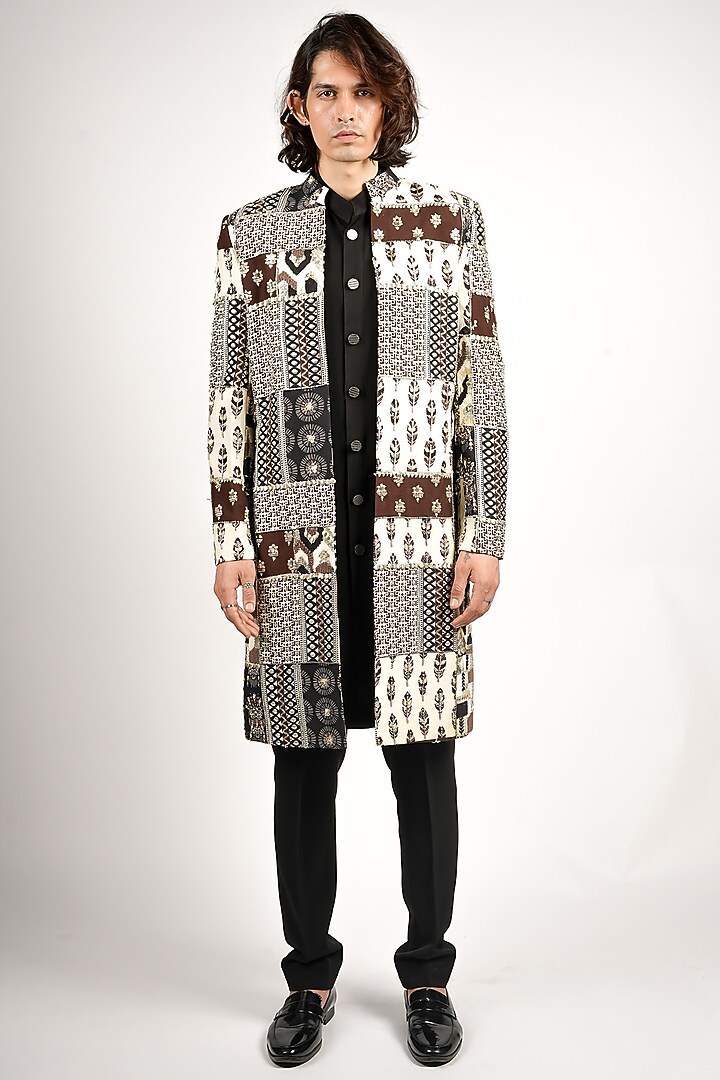 Black Silk Patchwork Groom Sherwani Set by SVA BY SONAM & PARAS MODI Men at Pernia's Pop Up Shop