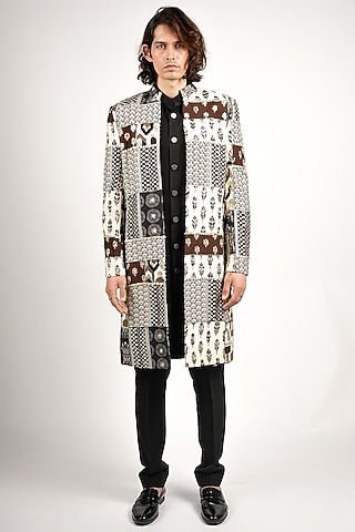 Black Silk Patchwork Sherwani Set by SVA BY SONAM & PARAS MODI Men