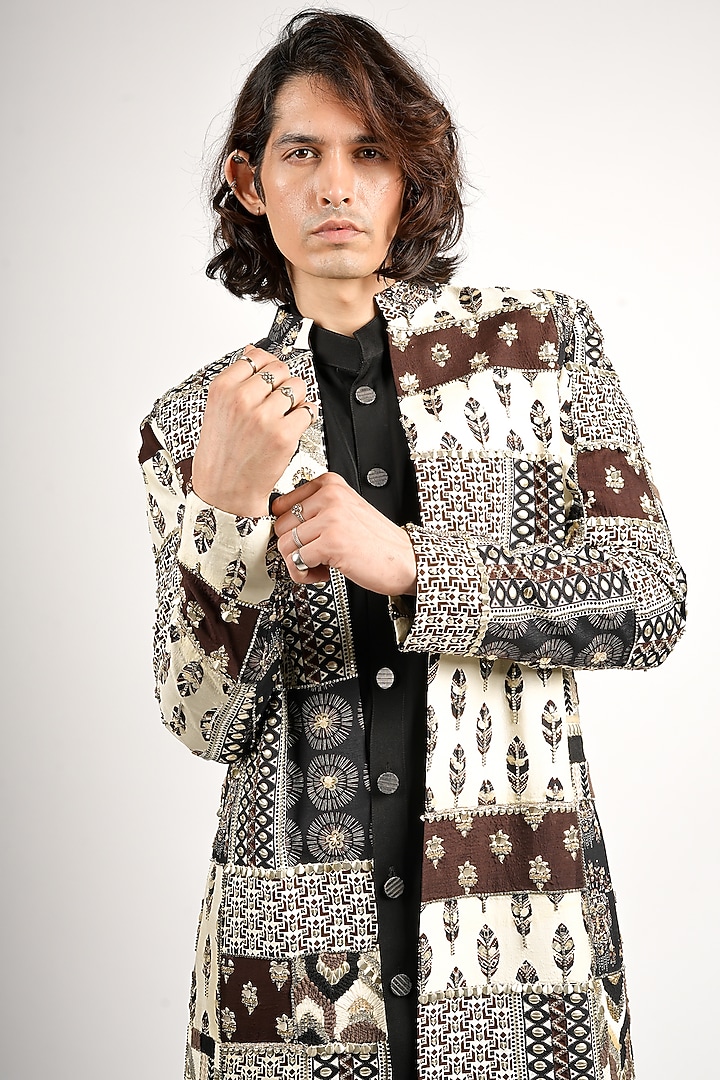 Black Silk Patchwork Groom Sherwani Set by SVA BY SONAM & PARAS MODI Men at Pernia's Pop Up Shop