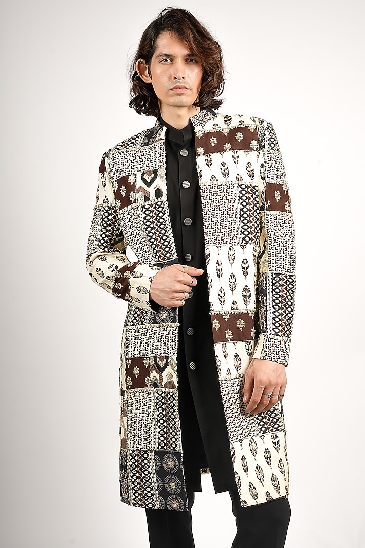 Black Silk Patchwork Groom Sherwani Set by SVA BY SONAM & PARAS MODI Men at Pernia's Pop Up Shop