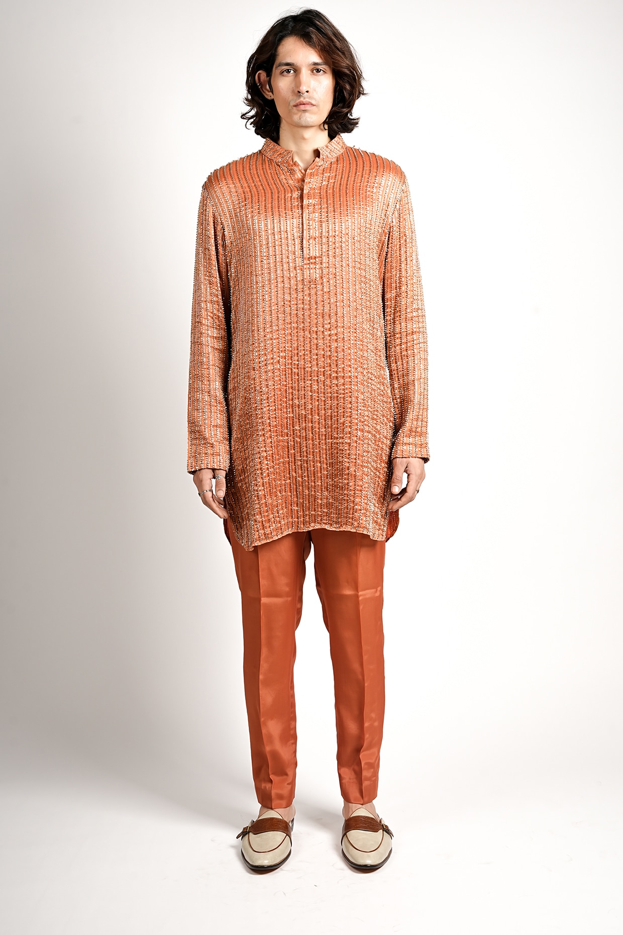 SVA BY SONAM & PARAS MODI Rust Orange Silk Embellished Short Straight Kurta Set