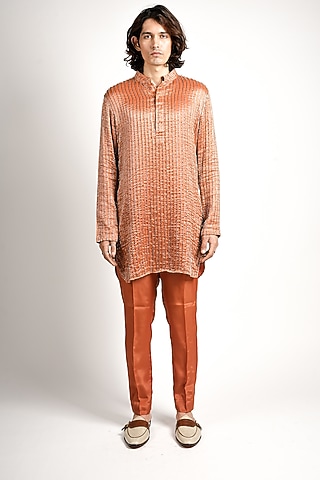 Rust Orange Silk Embellished Short Straight Kurta Set by SVA BY SONAM & PARAS MODI Men