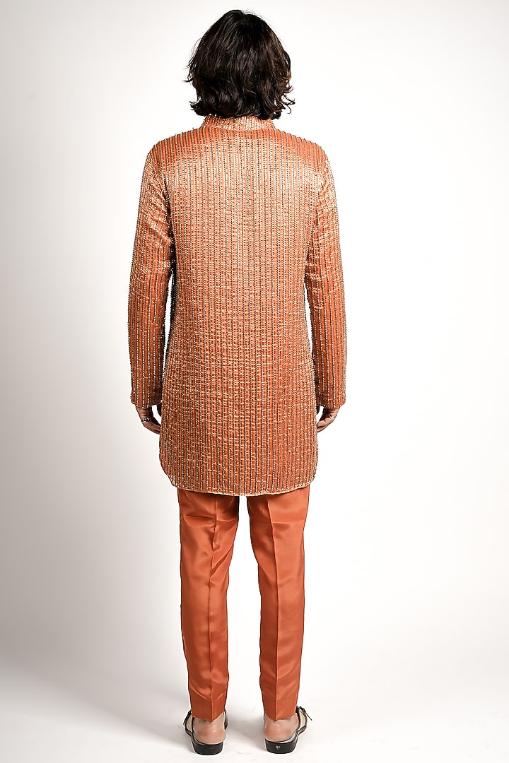 Rust Orange Silk Embellished Short Straight Kurta Set by SVA BY SONAM & PARAS MODI Men at Pernia's Pop Up Shop