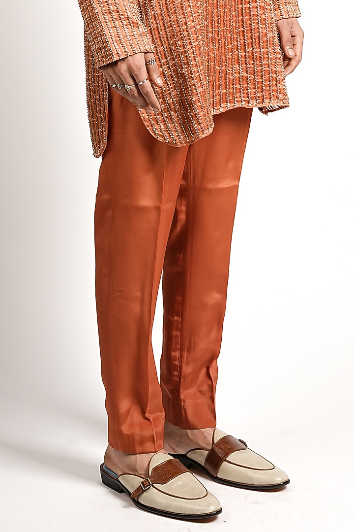 Rust Orange Silk Embellished Short Straight Kurta Set by SVA BY SONAM & PARAS MODI Men at Pernia's Pop Up Shop