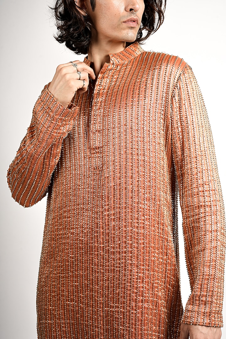 Rust Orange Silk Embellished Short Straight Kurta Set by SVA BY SONAM & PARAS MODI Men at Pernia's Pop Up Shop