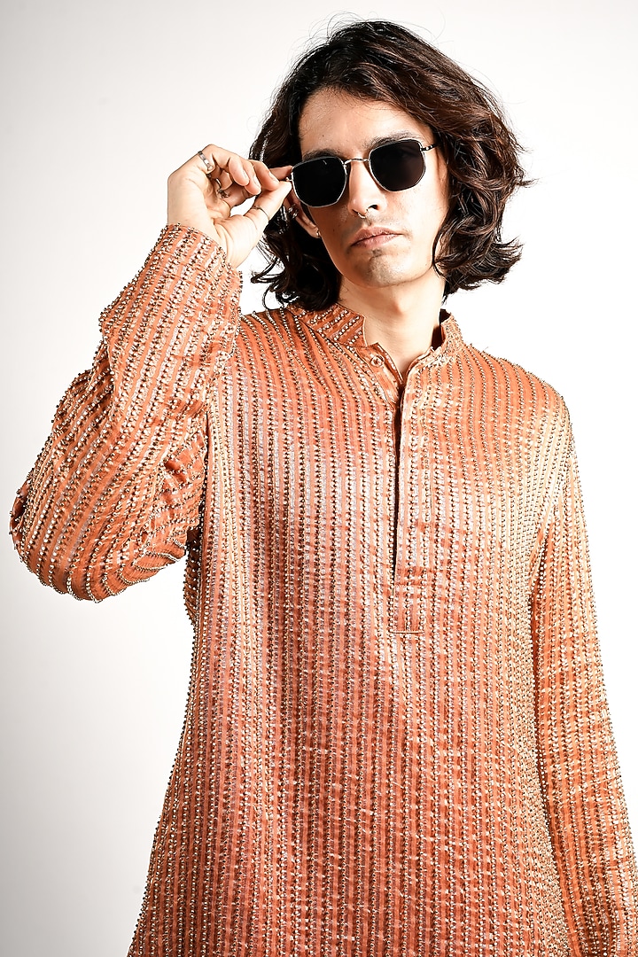 Rust Orange Silk Embellished Short Straight Kurta Set by SVA BY SONAM & PARAS MODI Men at Pernia's Pop Up Shop