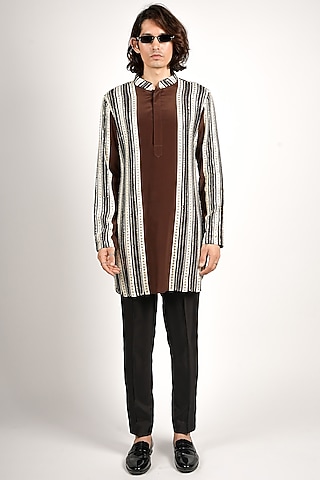 Multi-Colored Crepe Striped Kurta Set by Sva By Sonam & Paras Modi Men