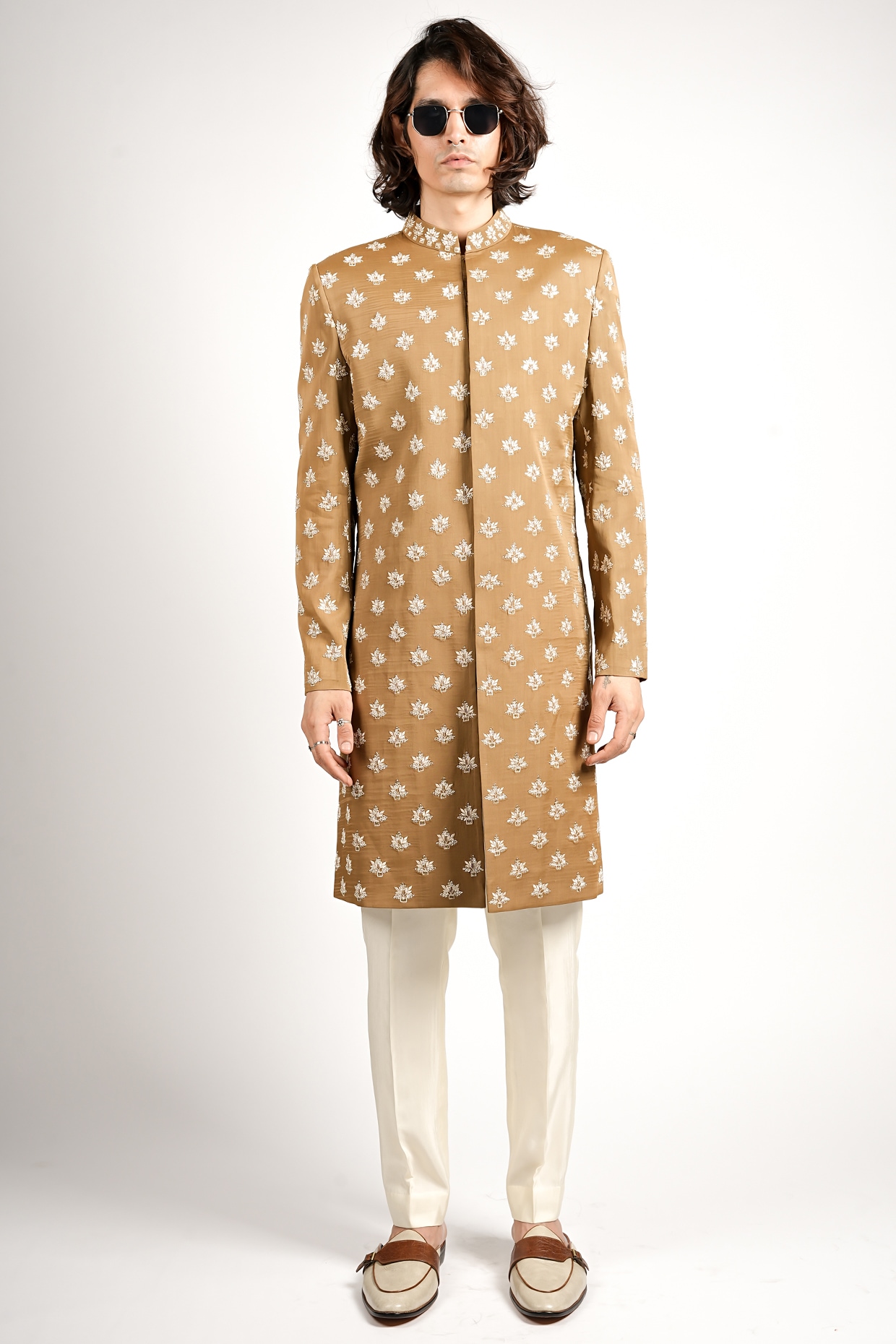 Sva By Sonam & Paras Modi Beige Silk Embroidered Sherwani Set