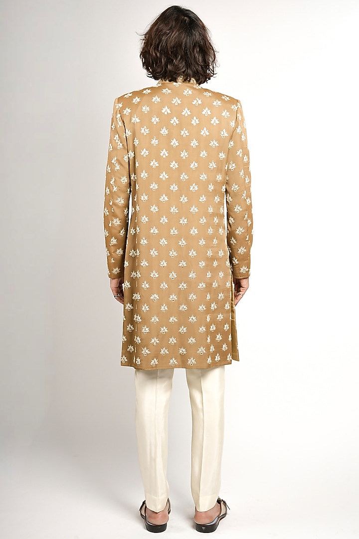 Beige Silk Embroidered Groom Sherwani Set by Sva By Sonam & Paras Modi Men at Pernia's Pop Up Shop