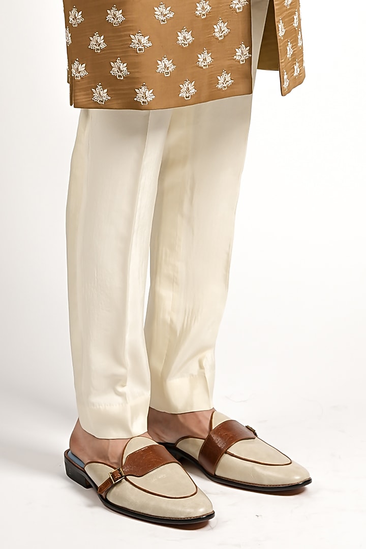 Beige Silk Embroidered Groom Sherwani Set by Sva By Sonam & Paras Modi Men at Pernia's Pop Up Shop