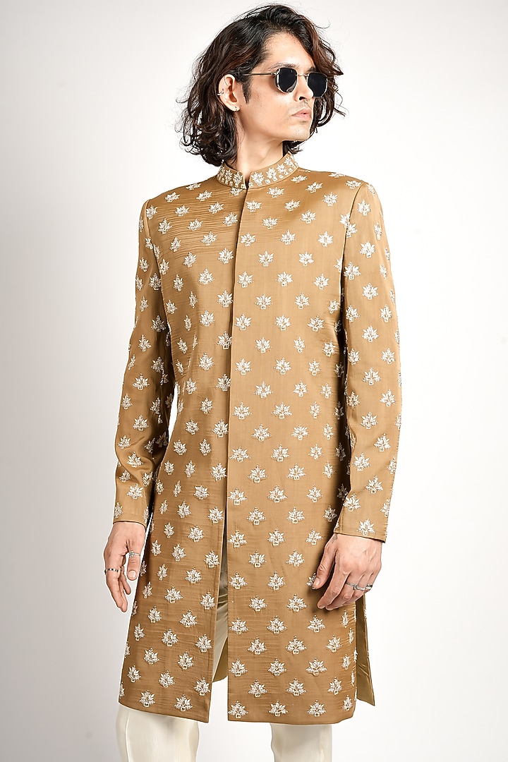 Beige Silk Embroidered Groom Sherwani Set by Sva By Sonam & Paras Modi Men at Pernia's Pop Up Shop