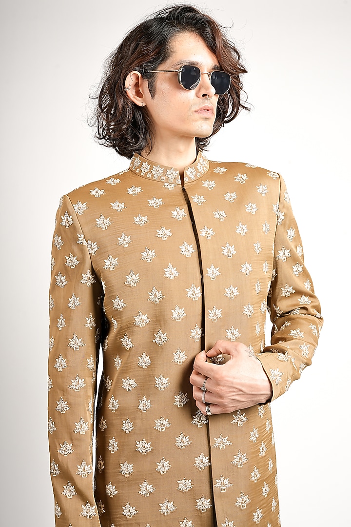 Beige Silk Embroidered Groom Sherwani Set by Sva By Sonam & Paras Modi Men at Pernia's Pop Up Shop