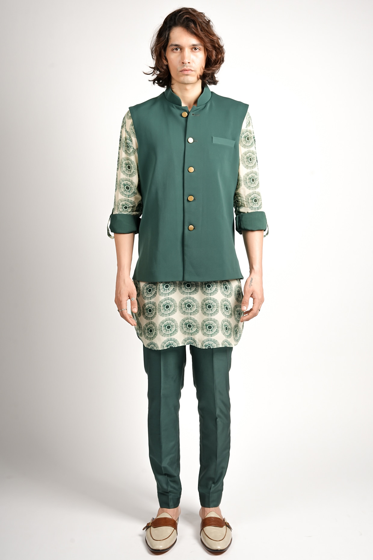 Sva By Sonam & Paras Modi Emerald Silk & Volvo Fabric Printed Bundi Jacket Set