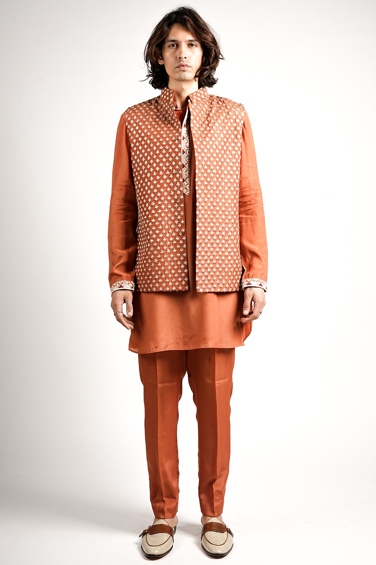 Sva By Sonam & Paras Modi Rust Orange Crepe Embroidered Bundi Jacket Set