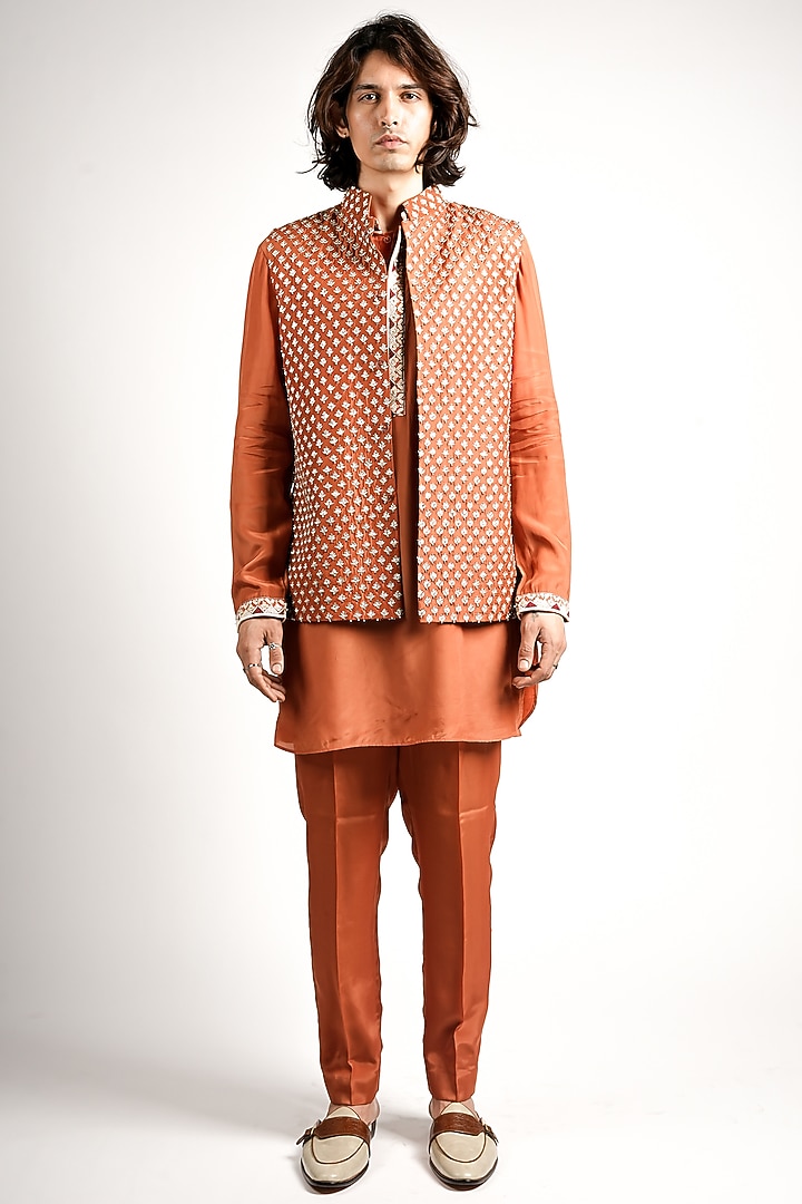 Rust Orange Crepe Embroidered Bundi Jacket Set by Sva By Sonam & Paras Modi Men at Pernia's Pop Up Shop