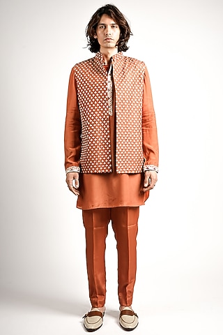 Rust Orange Crepe Embroidered Bundi Jacket Set by Sva By Sonam & Paras Modi Men