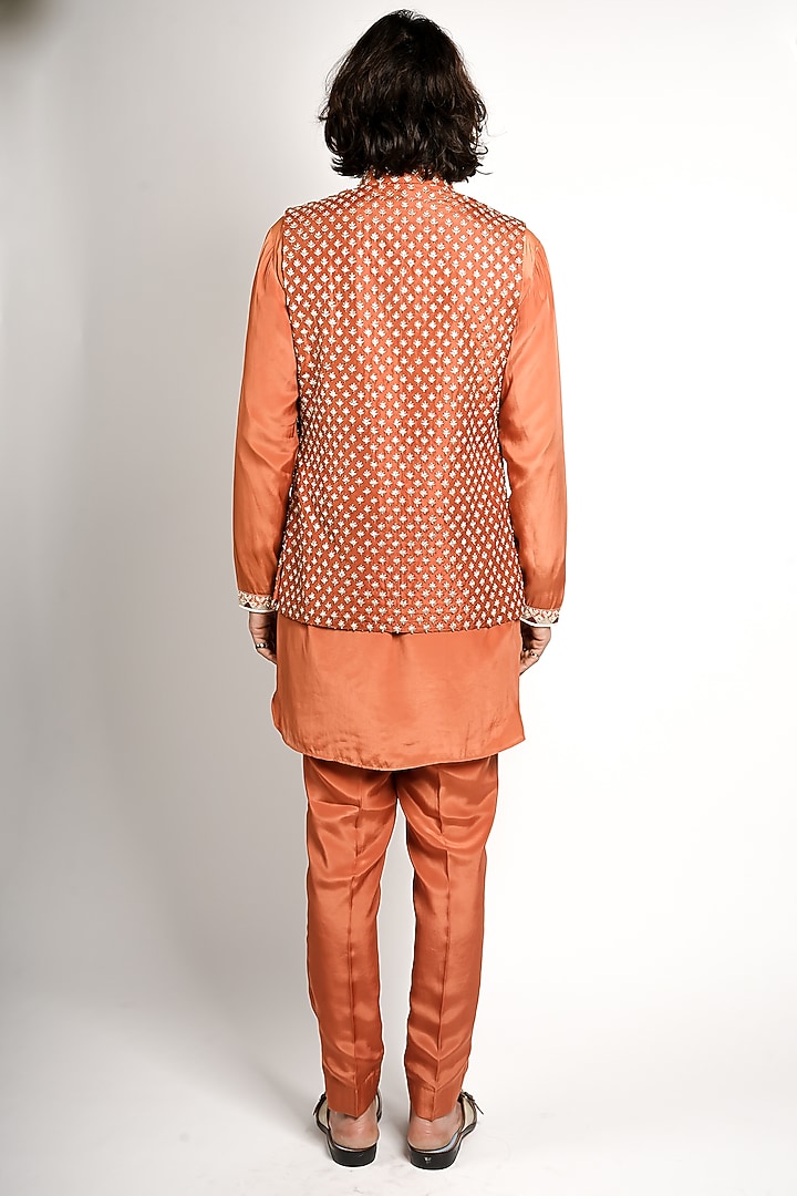 Rust Orange Crepe Embroidered Bundi Jacket Set by Sva By Sonam & Paras Modi Men at Pernia's Pop Up Shop