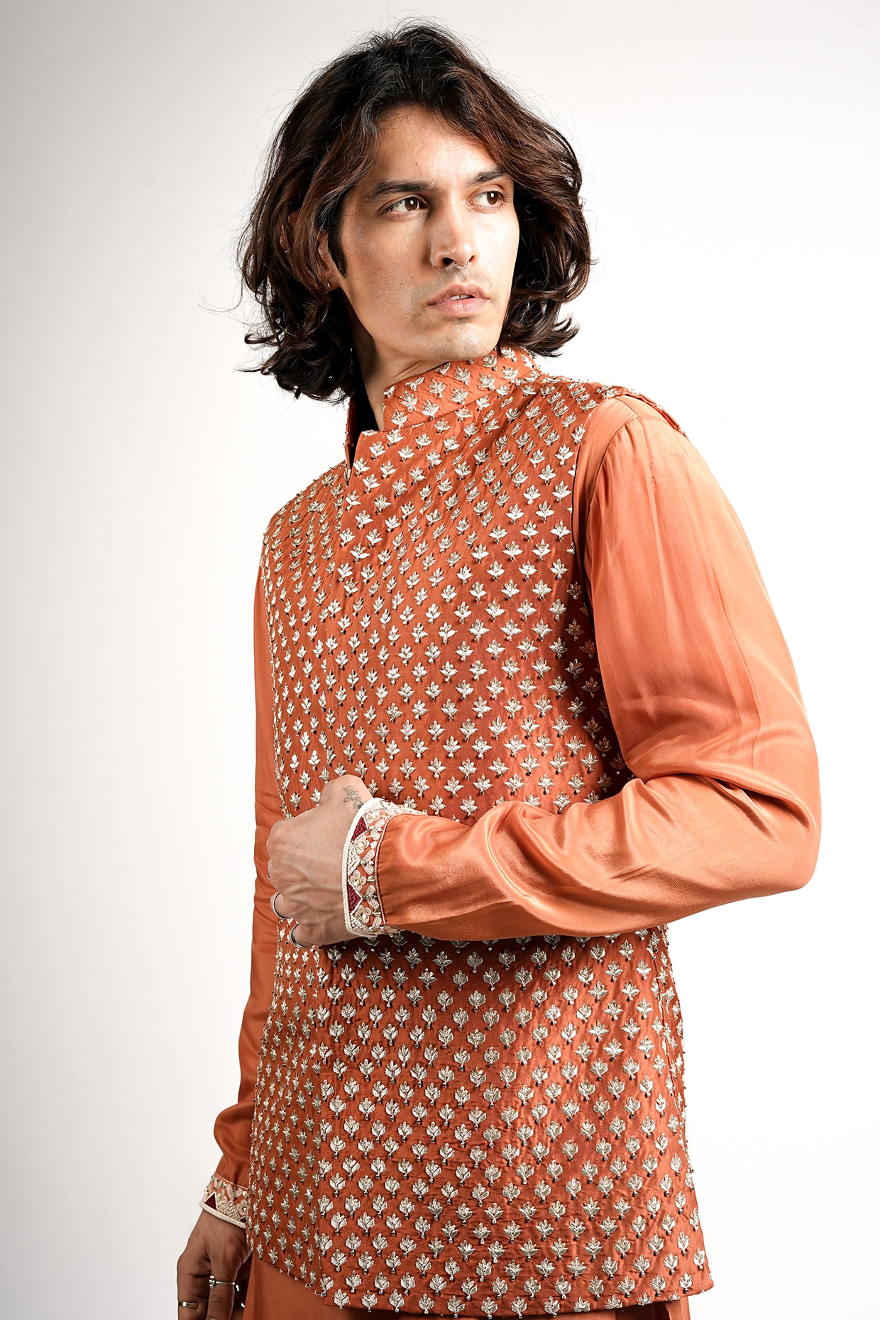 Sva By Sonam & Paras Modi Rust Orange Crepe Embroidered Bundi Jacket