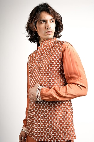 Rust Orange Crepe Embroidered Bundi Jacket by Sva By Sonam & Paras Modi Men
