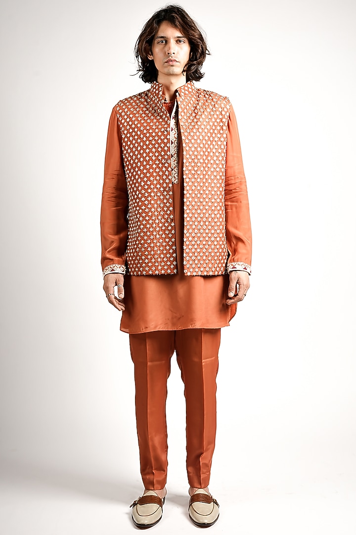 Rust Orange Crepe Embroidered Bundi Jacket by Sva By Sonam & Paras Modi Men at Pernia's Pop Up Shop