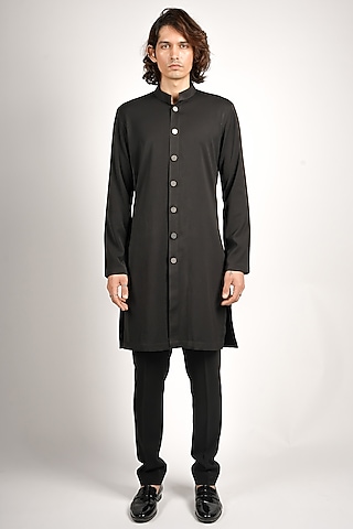 Black Volvo Fabric Kurta Set by Sva By Sonam & Paras Modi Men