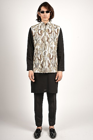 Black Silk Embellished Bundi Jacket Set by Sva By Sonam & Paras Modi Men