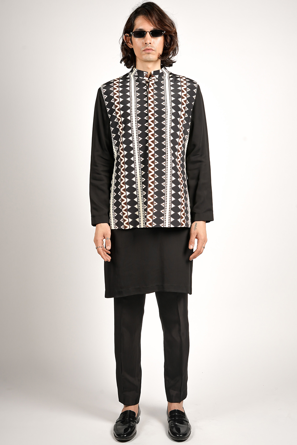 Sva By Sonam & Paras Modi Black Crepe Tribal Printed Bundi Jacket Set