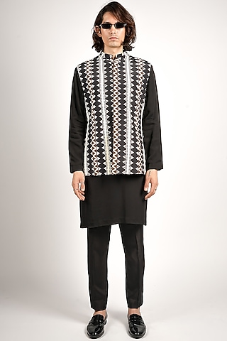 Black Crepe Tribal Printed Bundi Jacket Set by Sva By Sonam & Paras Modi Men