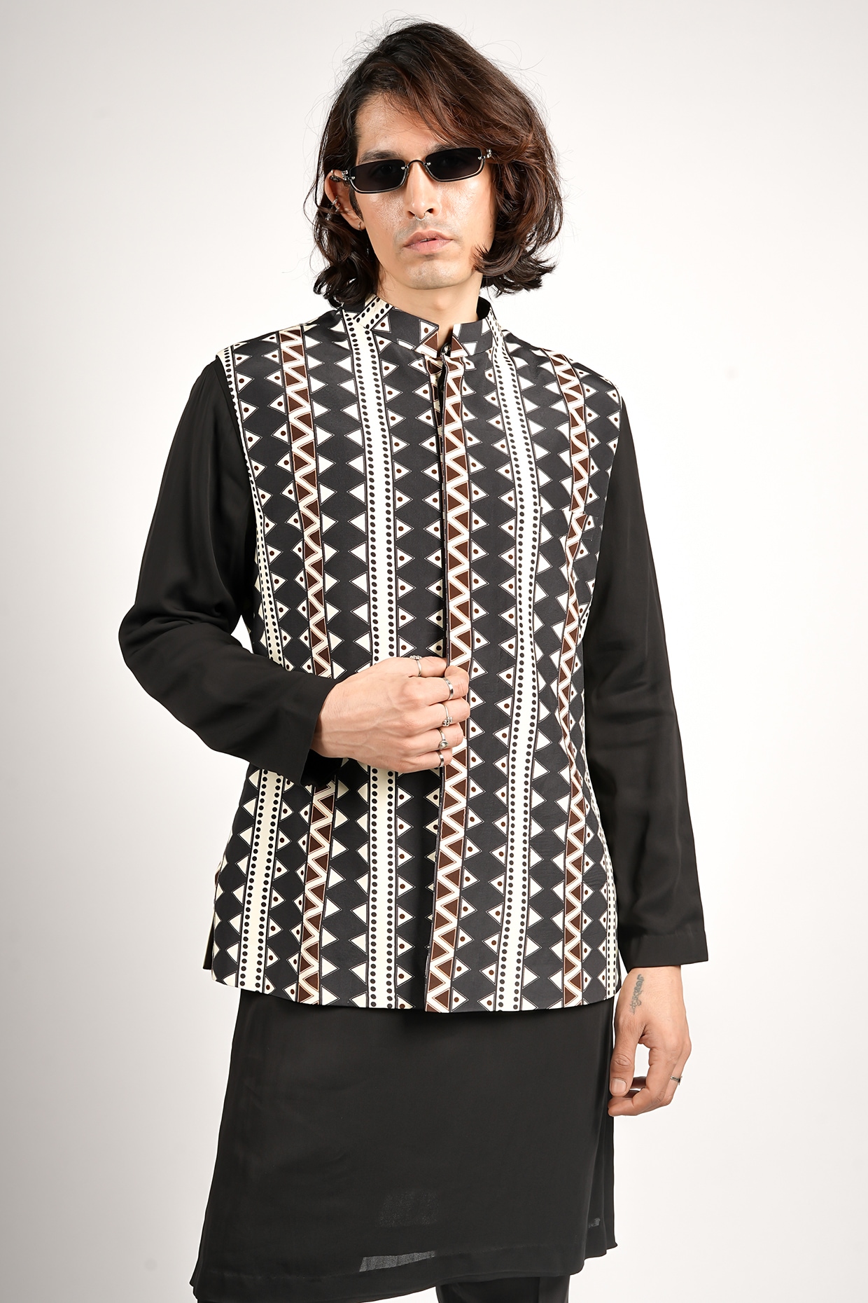 Sva By Sonam & Paras Modi Black Crepe Tribal Printed Bundi Jacket