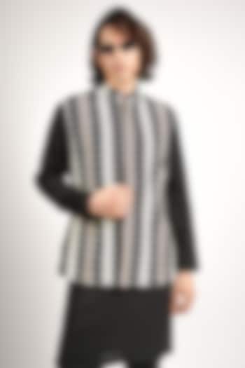 Black Crepe Tribal Printed Bundi Jacket by Sva By Sonam & Paras Modi Men at Pernia's Pop Up Shop