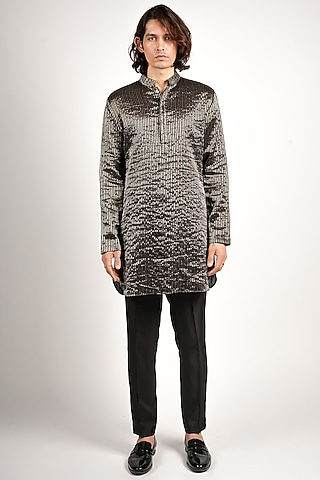 Black Silk & Chanderi Kurta Set by Sva By Sonam & Paras Modi Men