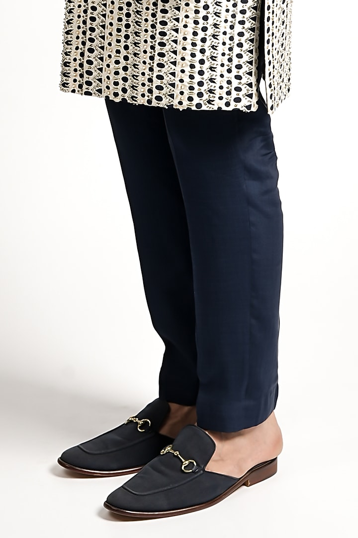 Ivory-Midnight Blue Silk Cutwork Groom Sherwani Set by Sva By Sonam & Paras Modi Men at Pernia's Pop Up Shop