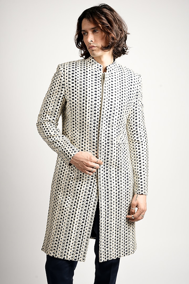 Ivory-Midnight Blue Silk Cutwork Groom Sherwani Set by Sva By Sonam & Paras Modi Men at Pernia's Pop Up Shop