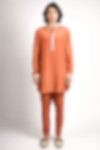 Rust Orange Silk Embroidered Kurta Set by Sva By Sonam & Paras Modi Men at Pernia's Pop Up Shop