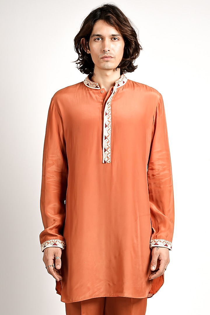 Rust Orange Silk Embroidered Kurta Set by Sva By Sonam & Paras Modi Men at Pernia's Pop Up Shop