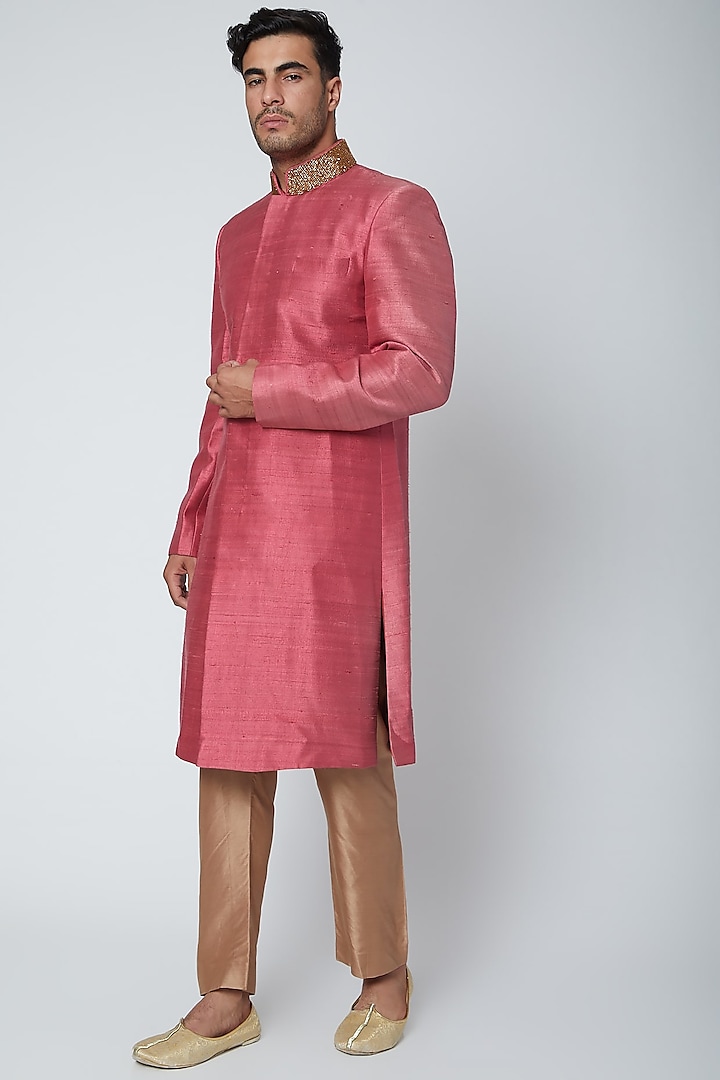 Coral Pink Silk Sherwani by SVA BY SONAM & PARAS MODI Men