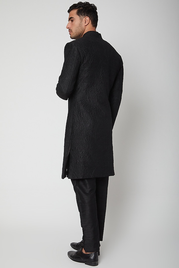 Black Silk Embroidered Wedding Sherwani by SVA BY SONAM & PARAS MODI Men at Pernia's Pop Up Shop