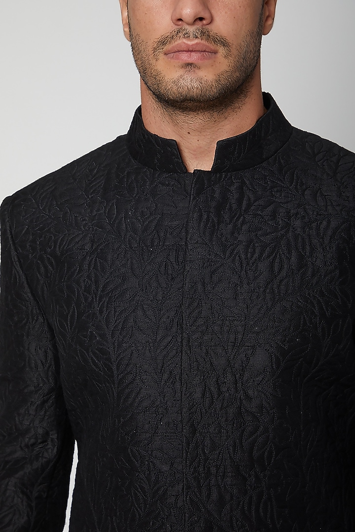 Black Silk Embroidered Wedding Sherwani by SVA BY SONAM & PARAS MODI Men at Pernia's Pop Up Shop