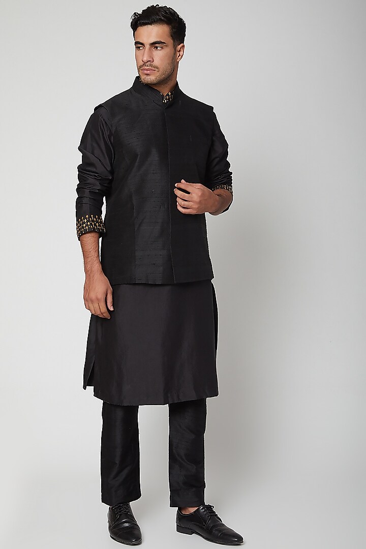 Black Raw Silk Bundi Jacket by SVA BY SONAM & PARAS MODI Men