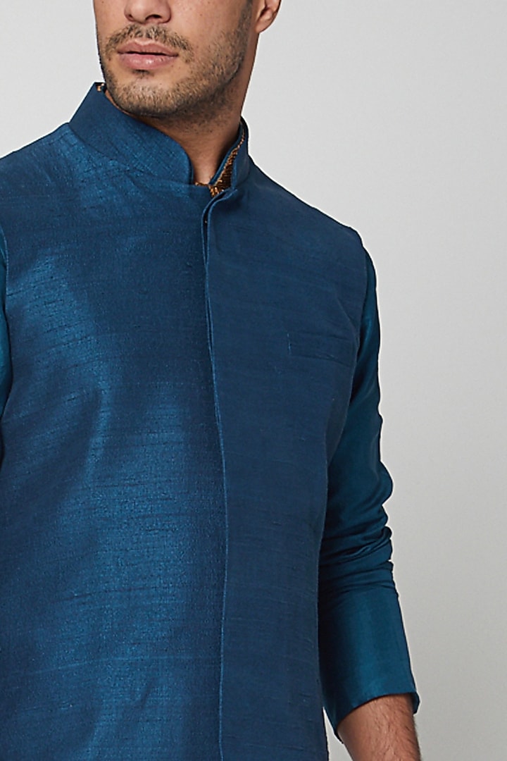Pond Blue Bundi Jacket by SVA BY SONAM & PARAS MODI Men at Pernia's Pop Up Shop