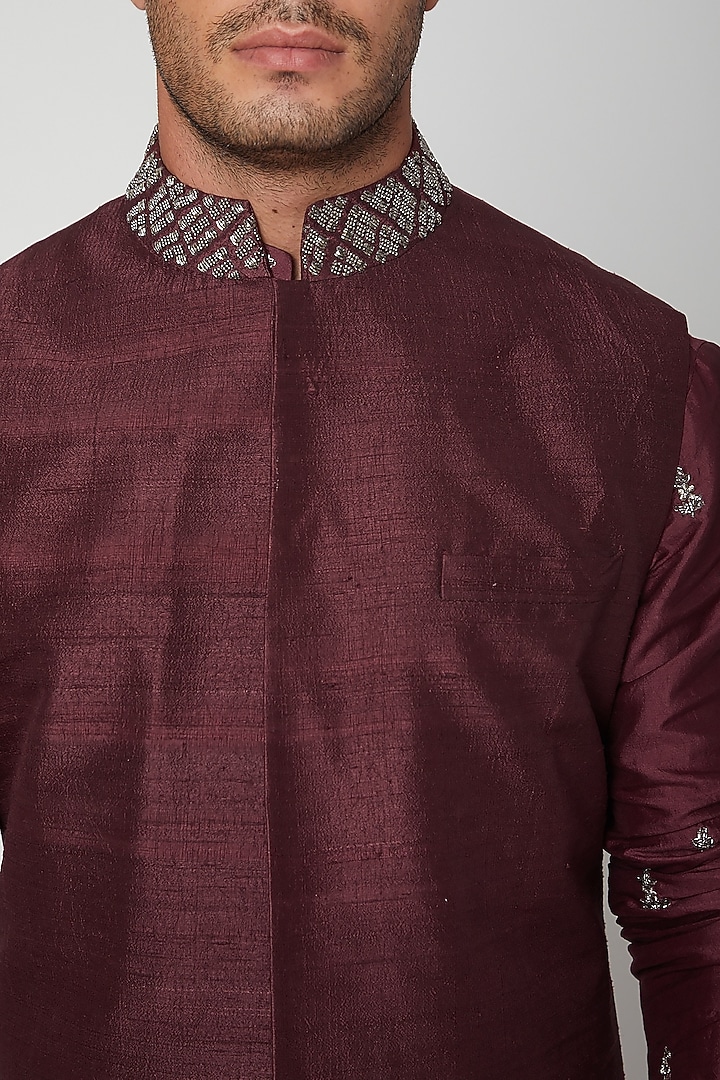 Merlot Maroon Embellished Bundi Jacket by SVA BY SONAM & PARAS MODI Men at Pernia's Pop Up Shop